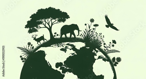 Vector illustration of earth with animal silhouettes on top in dark green