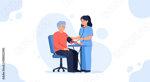 Nurse checking elderly man's blood pressure, healthcare concept illustration