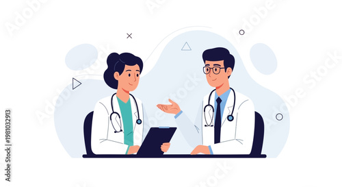 Two doctors discussing medical case, illustration, healthcare professionals meeting