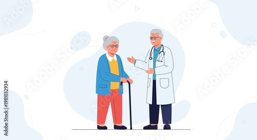 Doctor Consults Elderly Woman with Cane, Healthcare Concept
