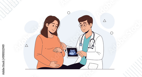 Doctor shows ultrasound scan to pregnant woman, celebrating new life and medical care