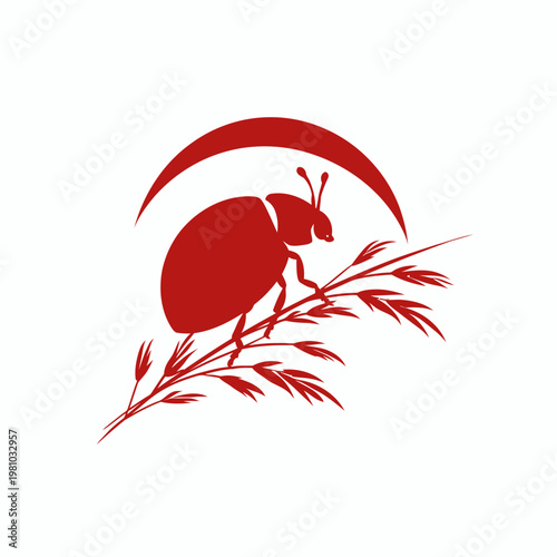 A ladybug climbs on a leafy branch under a crescent shape silhouette.