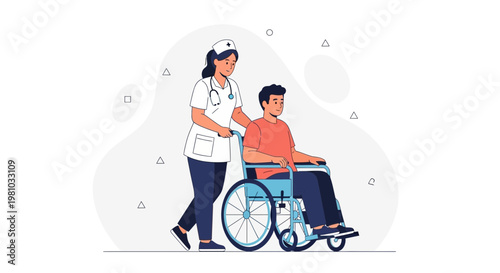 Nurse pushing patient in wheelchair, medical care, healthcare, hospital assistance, rehabilitation