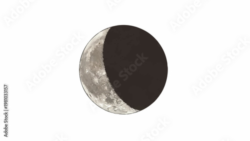 Partial illumination of the moon seen against a stark white background, showcasing its craters and texture