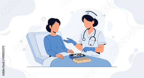 Nurse giving medication to patient in hospital bed, medical care concept
