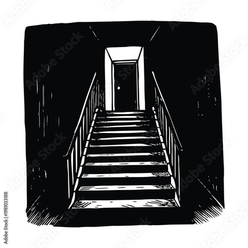 Stairway to darkness, creepy hallway, black and white vector, eerie atmosphere, illustration