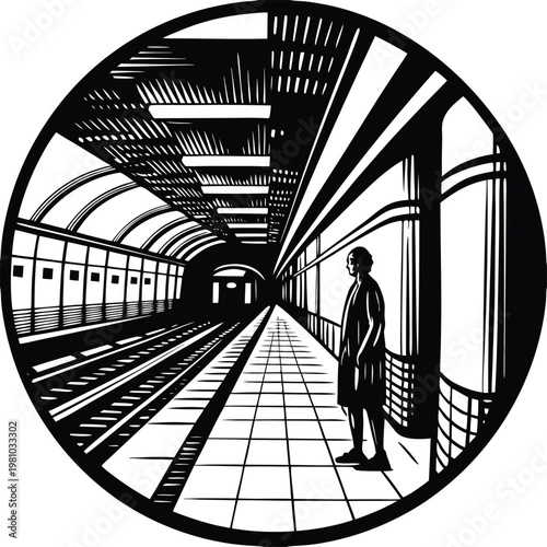 Monochrome subway station, urban tunnel, black and white illustration, vector metro scene