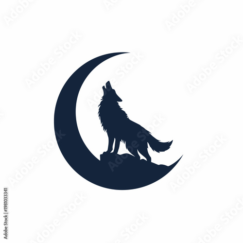 Wolf howling at crescent moon icon on hilltop at night