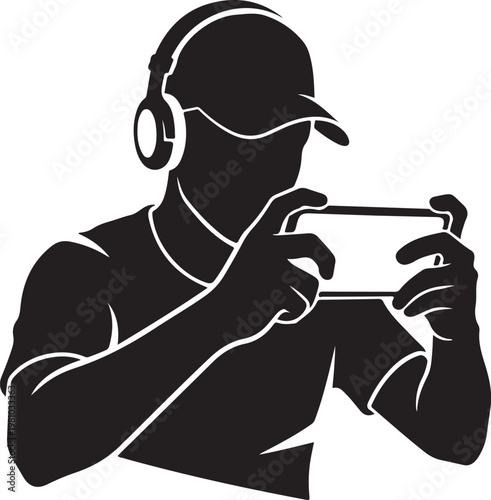 Black silhouette man wearing headphones and playing game on smartphone