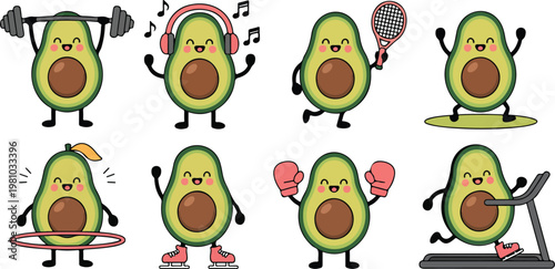 Set of cute avocado characters playing sports in simple children flat style, funny fruit mascots with hands and feet vector collection