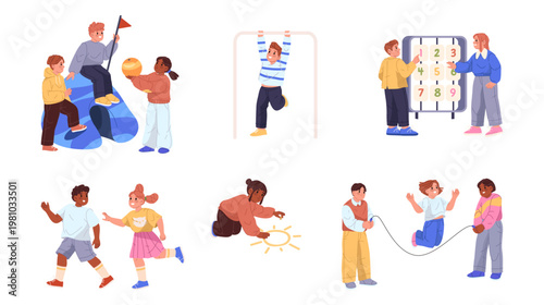 Diverse group of children engaged in various playground activities. Vector kids running and jumping, playing games and exploring together. Teamwork and childhood joy. Friendship in outdoor environment