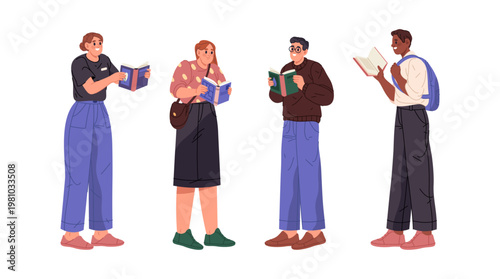 Male and female characters standing and reading books. Vector isolated cartoon personages studying. People with fiction novels enjoying hobby in library or home. Students of college or university