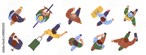 Top down view of people walking in one direction. Vector male and female characters carrying suitcases and backpacks. Urban life movement and human activity. Travel in busy metropolitan setting