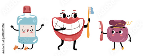 Cute dental and oral care characters. Vector isolated set of products for cleaning teeth. Mouth with toothbrush and toothpaste, smiling mouthwash and dental floss. Funny cartoon personages
