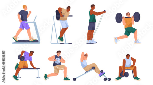 Athletic men training in gym, performing different exercises. Vector sportsmen lifting weights, using medicine ball, skipping rope and doing bodyweight movements. Indoor workout and active lifestyle