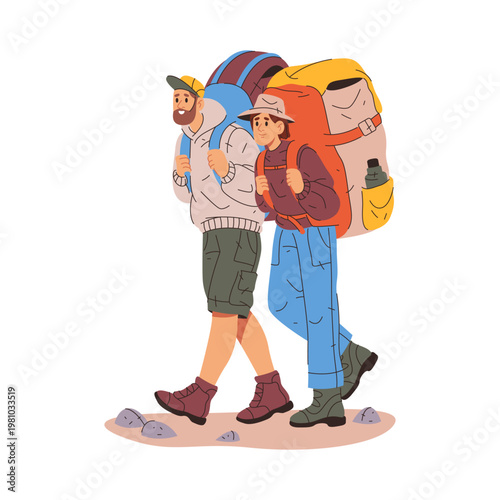Male friends traveling together, backpacking and hiking, exploring nature and mountains. Vector in flat style, isolated personages with backpacks walking in steady pace. Weekends or holidays