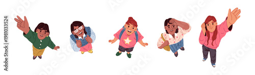 Women looking upward with excitement. Vector isolated smiling female characters dressed in casual clothing waving hands, top view. Girls raising arms expressing excitement and cheerful gestures
