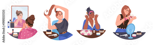 Women engaging in different beauty care routines. Vector applying face and hand creams, focusing on skincare and hydration. Beauty and femininity, self care and professional salon treatments