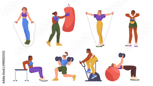 Fit women training in gym. Vector female characters doing exercises for strength and endurance. Girls workout with dumbbell, fitness ball and skipping rope. Healthy lifestyle and active routine