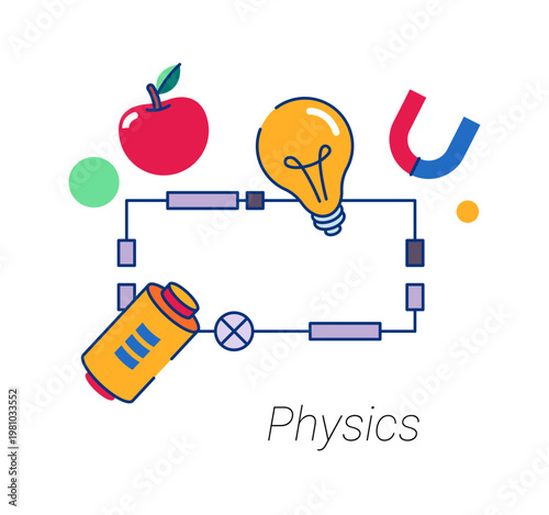 Physics subject in school, college or university. Vector isolated flat cartoon icon for student curriculum. Natural science of matter, knowledge about motion and behavior through space and time