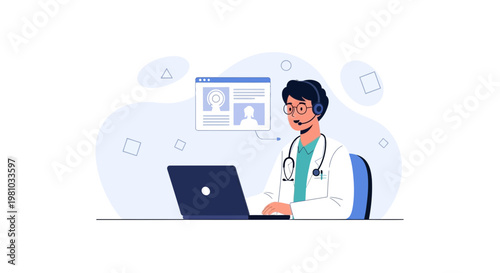 Doctor with headset and laptop, online consultation, telemedicine, digital healthcare