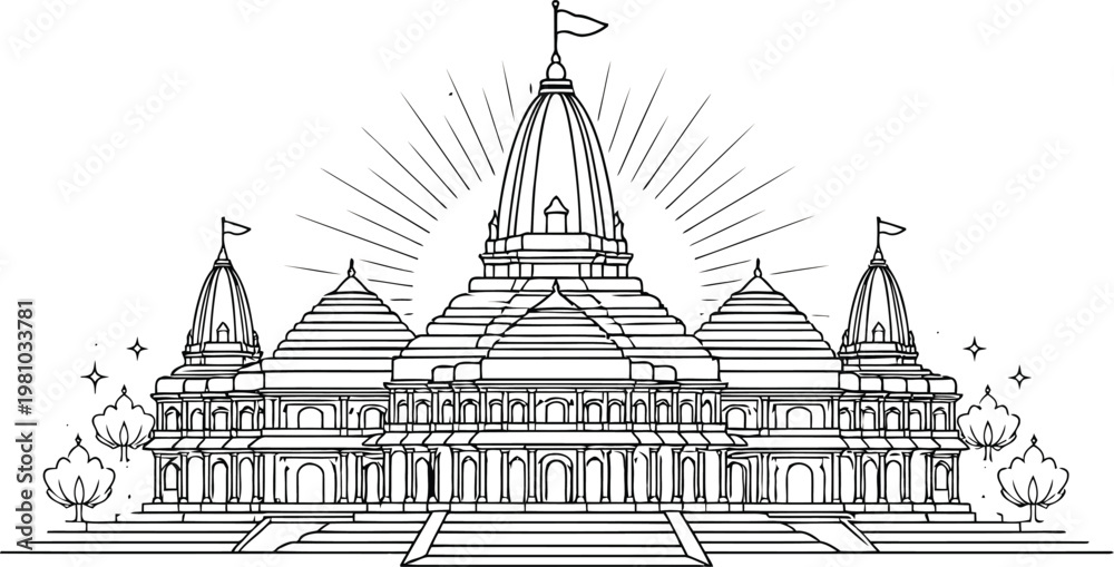 Obraz premium Grand Indian Temple Architecture with radiating lines, symbolizing spirituality and divinity