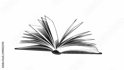 Detailed hand-drawn open book illustration with fanned pages, conveying themes of knowledge, learning, and storytelling through classic monochrome line art