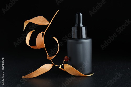 Bottle of cosmetic product and dry leaves on dark textured table against black background