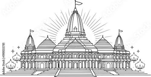 Grand Indian Temple Architecture with radiating lines, symbolizing spirituality and divinity