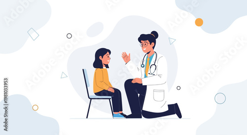 Pediatrician Kneeling Talking to Young Girl Sitting on Chair, Medical Consultation