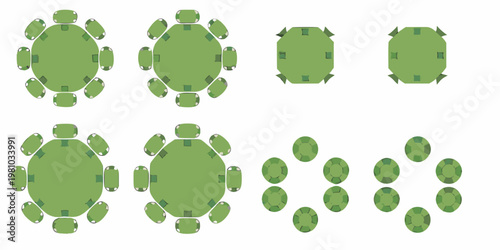 Overhead view of green oval shaped objects arranged in varying groups