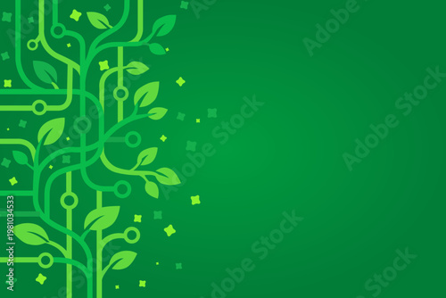 Organic tech background with circuit leaf illustration. Digital nature growth and eco-friendly design. Sustainable energy vector for corporate presentations, marketing graphics, and bioengineering