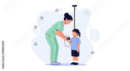 Pediatrician measuring child's height with stadiometer in clinic, healthcare concept