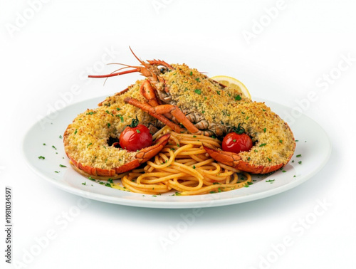 Lobster thermidor with spaghetti pasta and cherry tomatoes