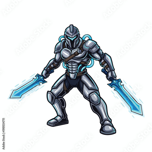 Futuristic Robot Warrior with Dual Light Emitting Swords in Dynamic Battle Ready Stance