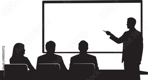 Black silhouette of businesspeople in meeting with presentation