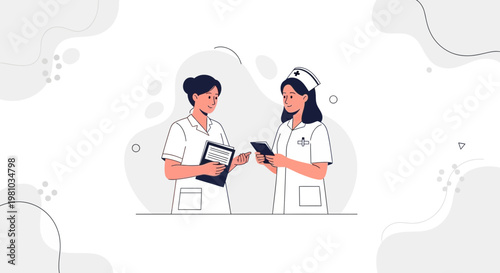 Two nurses discussing medical records in a modern clinic setting