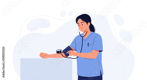 Nurse checking blood pressure with stethoscope and sphygmomanometer, medical illustration