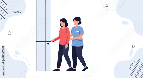 Nurse assisting elderly woman with walking rehabilitation, physical therapy, healthcare support