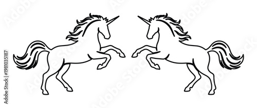 Minimalist unicorn line art vector, symmetrical rearing mythical horse silhouettes, black and white fantasy creature icons for logo design