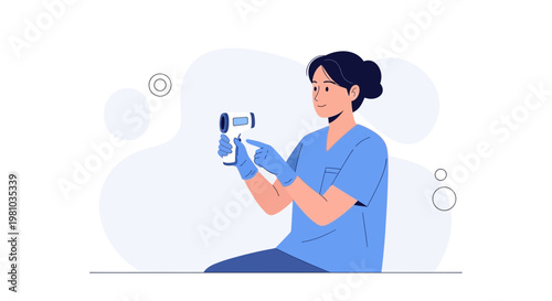 Nurse holding infrared thermometer, checking temperature, medical concept illustration