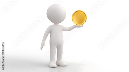 Minimalist white figurine presents a large gold coin, symbolizing wealth, investment, and financial opportunity against a clean, bright background