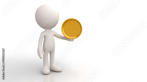 3D Render of White Character Holding Golden Coin on Open Palm, Representing Wealth, Opportunity, and Financial Concept on Clean Background
