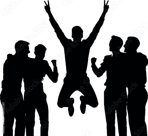 Silhouetted group celebration friends joyfully jumping together in a moment of exuberant happiness and unity