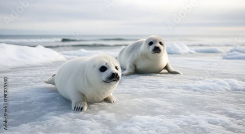 Two adorable seal pups resting on icy shore near the ocean