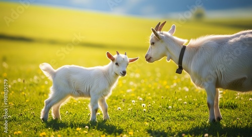 Gentle white mother goat attentively watching over her adorable baby kid in a vibrant sunlit spring pasture