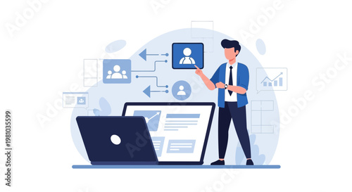 Man interacting with digital interface, online collaboration, business strategy, data analysis