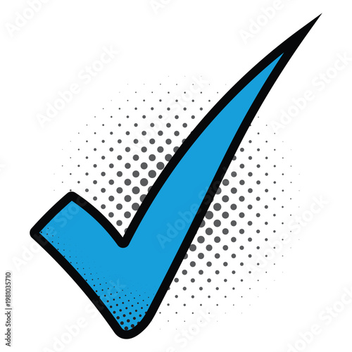 Blue check mark icon with halftone dot background vector illustration elements.