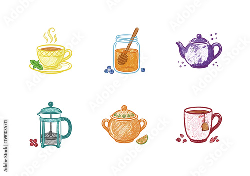 Tea Time and Breakfast Cafe Essentials with Colorful Crayony Pencil Texture and Fluid Calligraphic Outlines