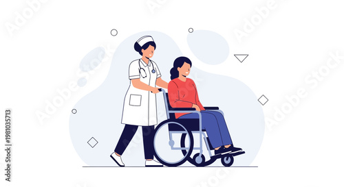 Nurse pushing patient in wheelchair, healthcare, medical assistance, caregiving, support
